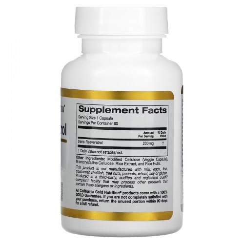 California Gold Nutrition, транс-ресвератрол, итальянского происхождения, 200 мг, 60 растительных капсул California Gold Nutrition, транс-ресвератрол, итальянского происхождения, 200 мг, 60 растительных капсул